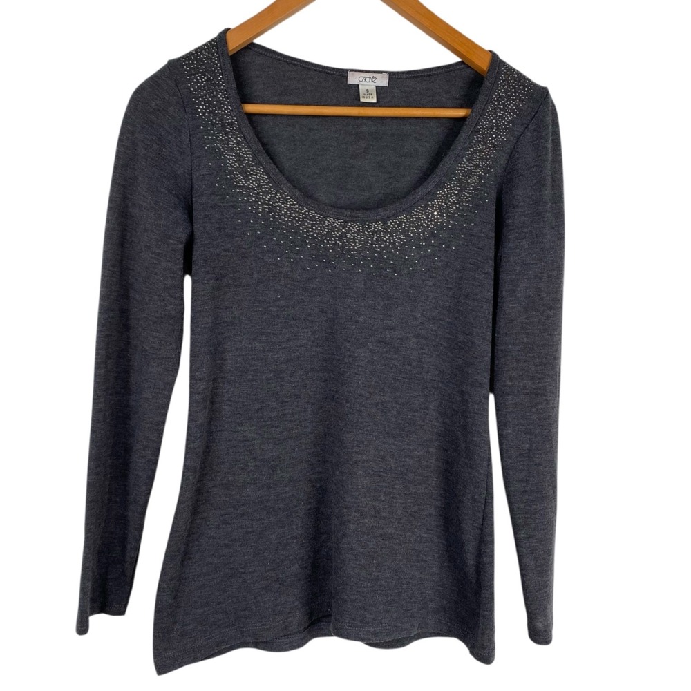 Cache Women's Top Long Sleeve Rhinestones Scoop Neck 90's Y2K Gray Size S